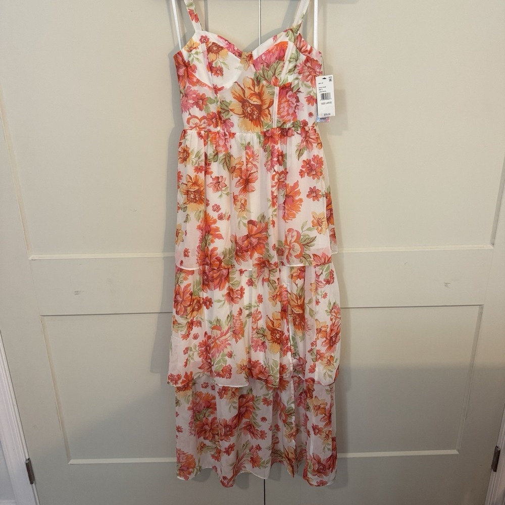 New BCX Floral Gown Light Pink Orange White sz‎ L Sheer Layer Ruffles High Split